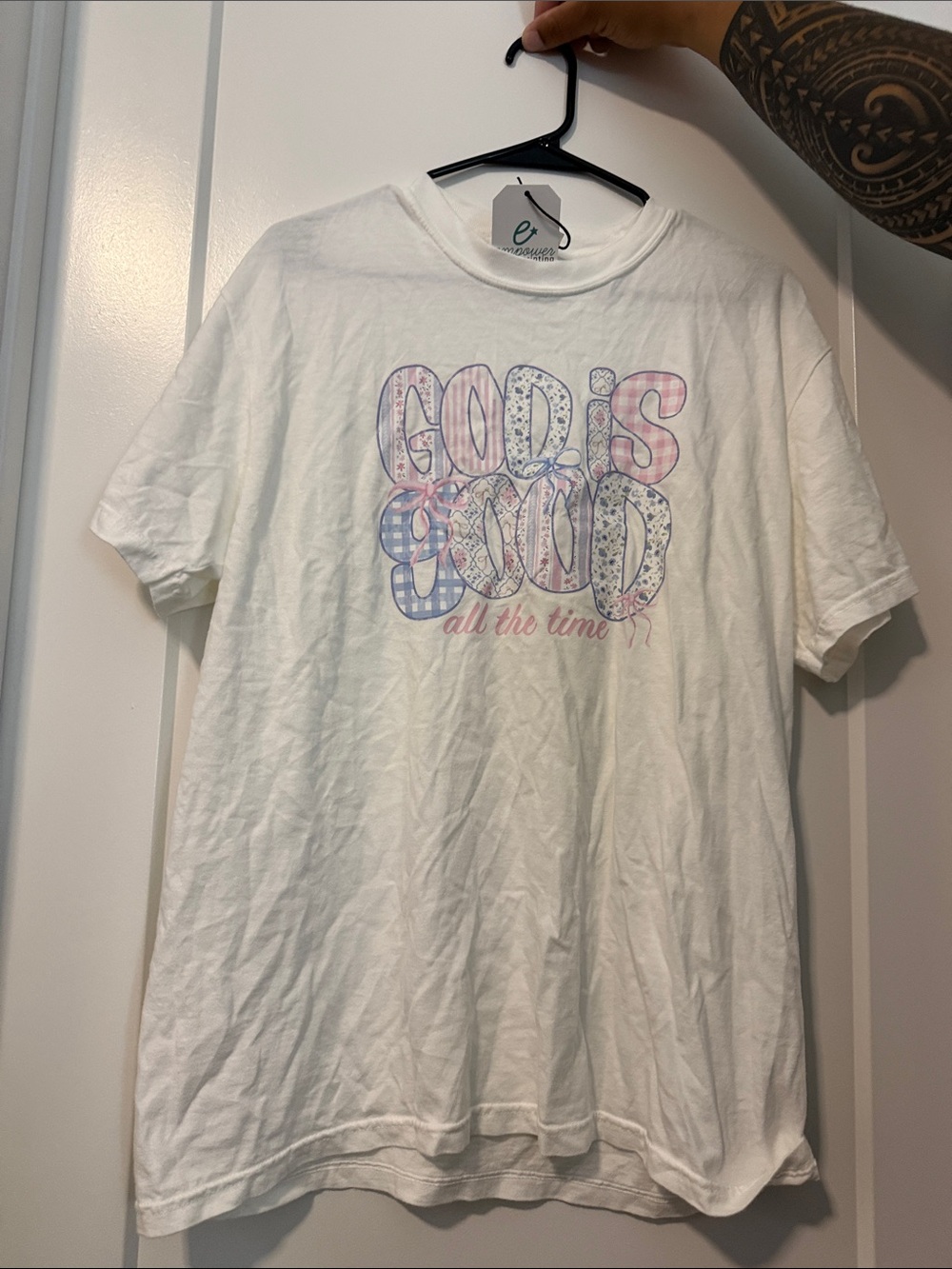 White Graphic Tee "God is Good" with Pink & Blue Lettering